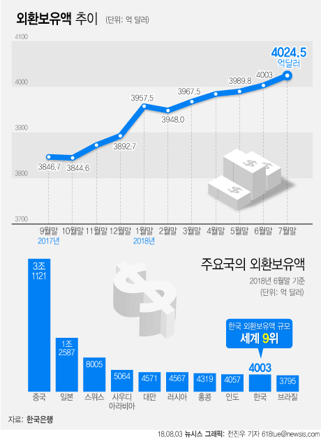 한국은행이 3일 발표한 '2018년 7월말 외환보유액'에 따르면 지난달말 기준 외환보유액은 4024억5000만달러로 전월 대비 21억5000만달러 증가했다. (사진=뉴시스)