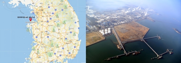 현대케미칼 HPC 공장이 들어서는 충남 대산읍 공장부지 위치도(사진 왼쪽), 충남 대산 현대케미칼 HPC공장부지.(사진 오른쪽)